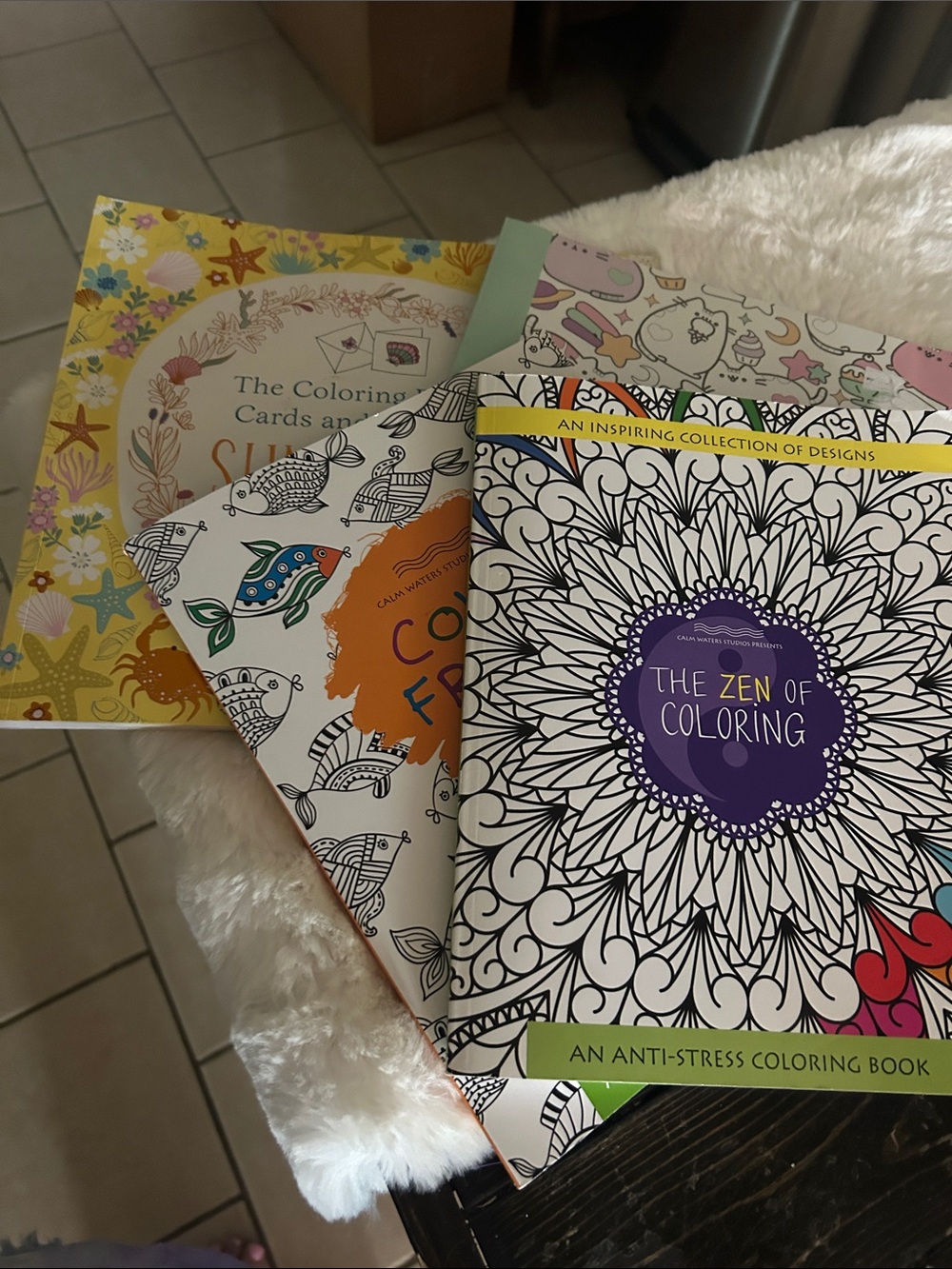 4 ANTI-STRESS COLORING BOOKS ~ COLOR FRENZY + ZEN+ pusheen 2 colored summertime